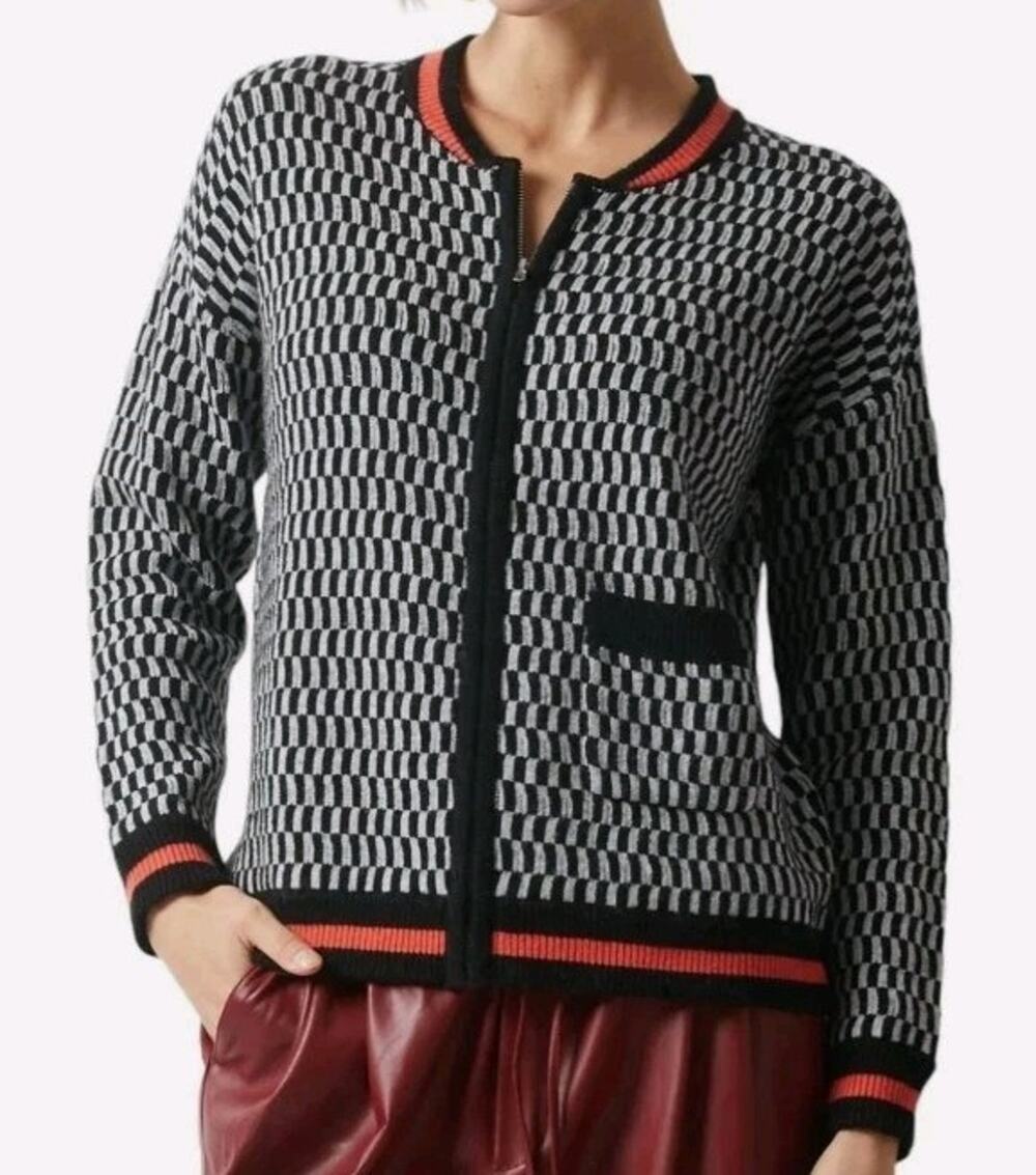 Zaket & Plover Jacquard Bomber Jacket Checker Print Zip Cardigan Sweater Large